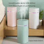 Umidificador de Ar USB 600ml com Bico Duplo e Luz Noturna