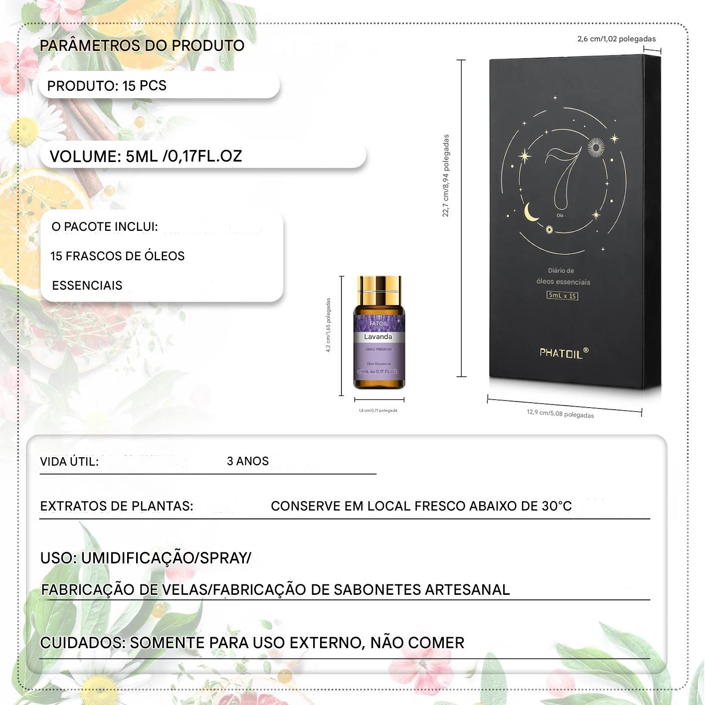 Conjunto de Óleos Essenciais PHATOIL 15 Peças para Aromaterapia