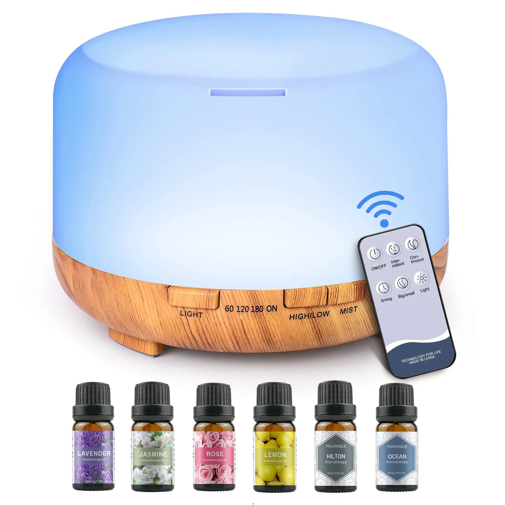 Difusor de Aroma 500ML com Controle Remoto e Kit de 06 Óleos Essenciais