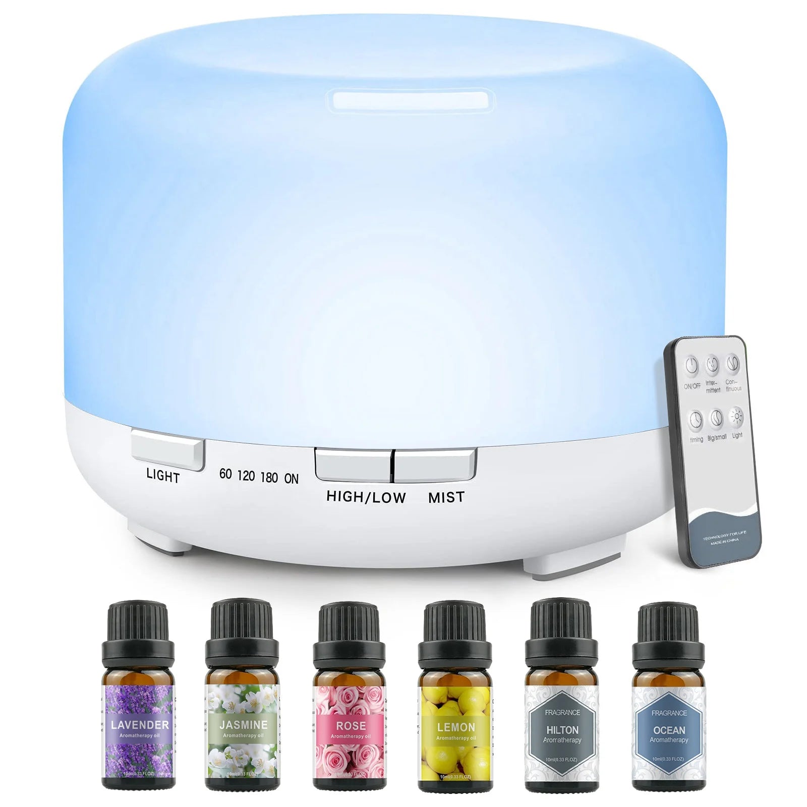 Difusor de Aroma 500ML com Controle Remoto e Kit de 06 Óleos Essenciais