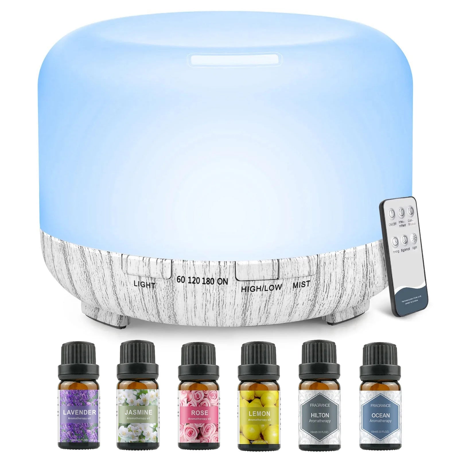Difusor de Aroma 500ML com Controle Remoto e Kit de 06 Óleos Essenciais