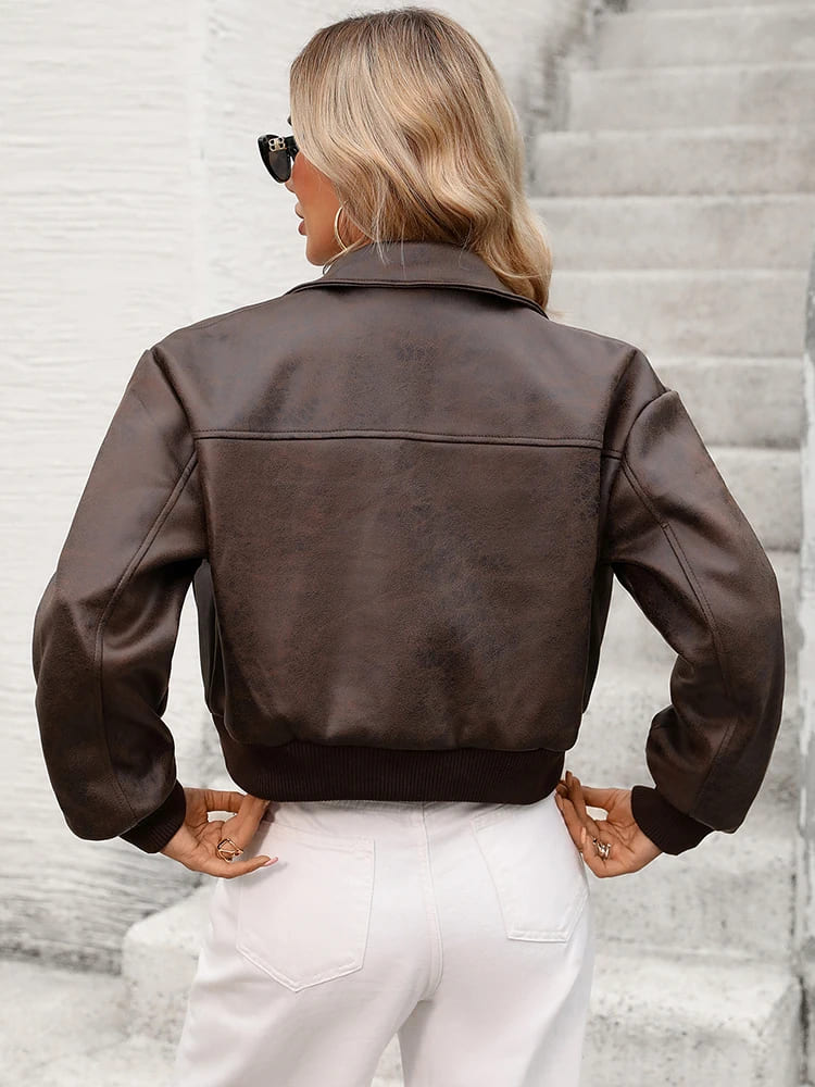 Jaqueta Feminina Vintage de Couro Modelo Aurora
