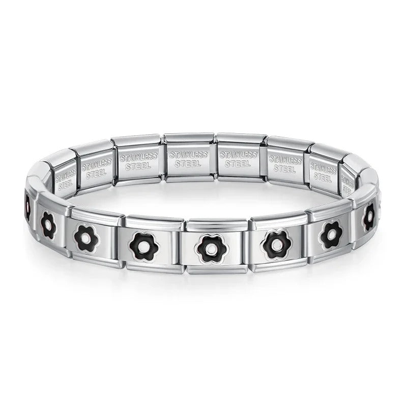 Pulseira Italiana de Charm Modular Flores Pretas