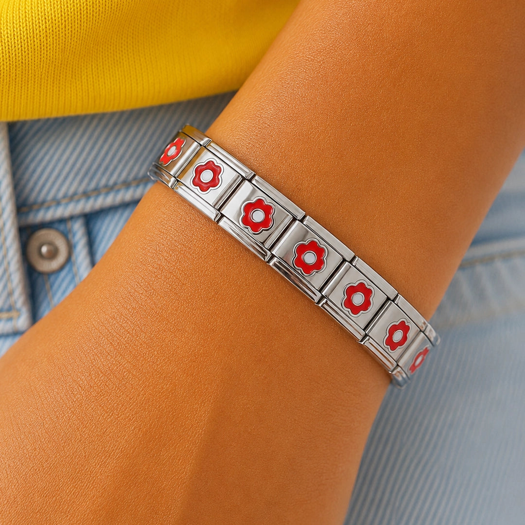 Pulseira Italiana de Charm Modular Flores Vermelhas