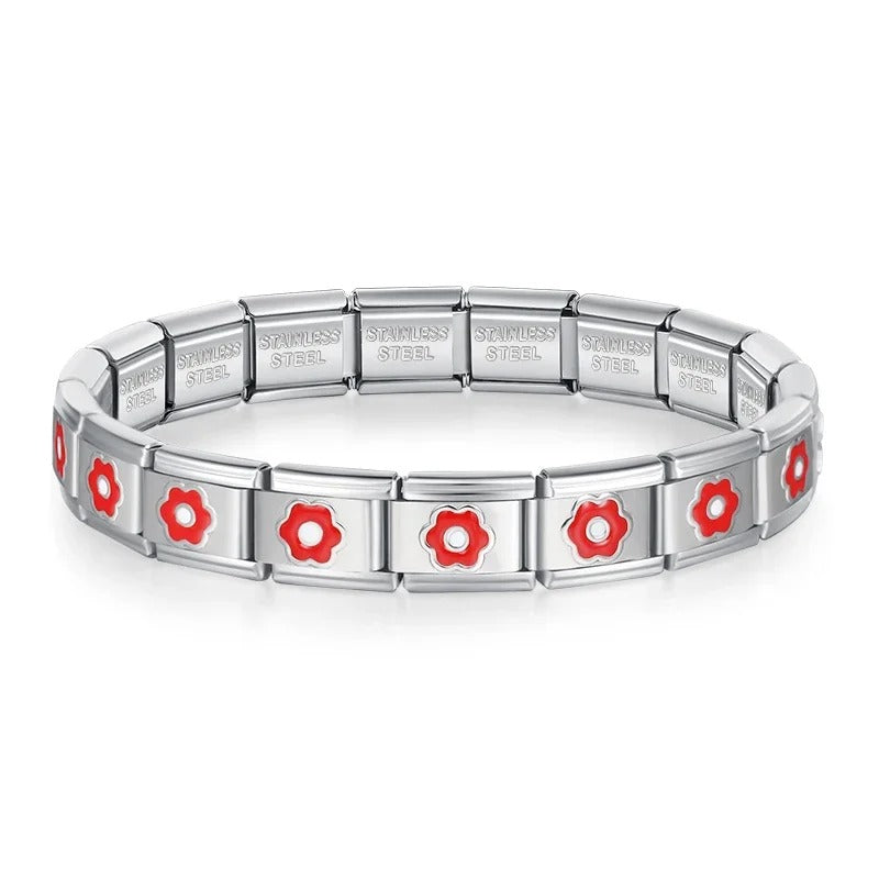 Pulseira Italiana de Charm Modular Flores Vermelhas