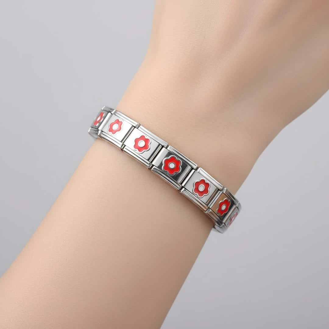 Pulseira Italiana de Charm Modular Flores Vermelhas